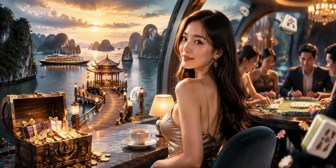 Người chơi bài bên ly cà phê Việt với phong cảnh Hạ Long Bay